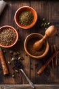 Indian Garam masala powder making process, flat lay