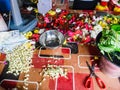 Indian Garland making tools and flowers in Little India Town Royalty Free Stock Photo