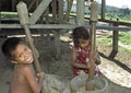 Indian girl and boy pounding rice with rice pestles Royalty Free Stock Photo