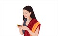 Indian girl with diya oil lamp on plane white background Royalty Free Stock Photo