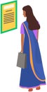 Indian girl in an ethnic costume, sari holds paper bag in her hands, stands and reads document