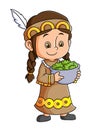 The indian girl is holding the bowl full of the cabbage