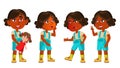 Indian Girl Kindergarten Kid Poses Set Vector. Hindu. Asian. Happy Beautiful Children Character. Playing With Doll. For