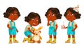 Indian Girl Kindergarten Kid Poses Set Vector. Hindu. Playing With Hare Toy. Active, Joy Preschooler. For Presentation