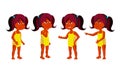 Indian Girl Kindergarten Kid Poses Set Vector. Hindu. Undressed. Summer Vacation. Beach, Pool, Water Park. For