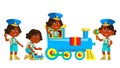 Indian Girl Kindergarten Kid Set Vector. Hindu. Asian. Friendly Little Children. Playing With Railway Train. Cute, Comic