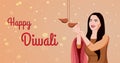 Indian Girl lighting Diya - oil Lamp with matchstick Diwali Illustration