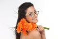 indian girl with orange daisy flowers Royalty Free Stock Photo