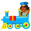 indian girl playing captain and driving train transport cartoon vector