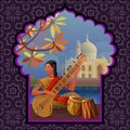 Indian girl playing sitar near Taj Mahal Royalty Free Stock Photo