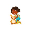 indian girl preteen play with rabbit toy cartoon vector