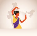 Indian girl wearing traditional clothing dancing dance. India map background