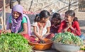 Indian girls selling vegetables at local market in Maharashtra,