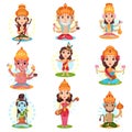 Indian god and goddess set, Rama, Brahma, Kali, Ganesha, Lakshmi, Shiva, Saraswati, Hanuman vector Illustrations on a Royalty Free Stock Photo