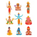 Indian god set, Varuna, Brahma, Parvati, Indra, Vishnu, Buddha, Shiva, Agni, Ganesha vector Illustration on a white Royalty Free Stock Photo