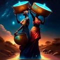 Indian Goddess Durga with a bowl of water in the desert. AI Generated