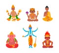 Indian Gods and Deity with Vishnu, Shiva, Brahma, Ganesha and Sitting Buddha Vector Set Royalty Free Stock Photo