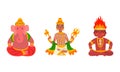 Indian Gods Set, Agni, Ganesha, Indra Idols Cartoon Vector Illustration