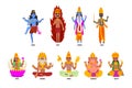 Indian Gods Set, Shiva, Igny, Vishnu, Ganesha, Indra, Soma, Brahma, Surya, Yama God Cartoon Characters Vector