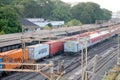 Indian goods and passenger train has stopped at rail station Royalty Free Stock Photo