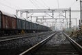 the indian goods train moving on railway track with empty sky