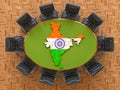 Indian goverment meeting. Map of India on the round table, 3D rendering Royalty Free Stock Photo