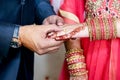 Indian groom putting ring on indian bride