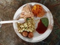 Indian Gujarat Breakfast Decoration. Samosa jalebi Khaman green red chutney Gujarati nashta