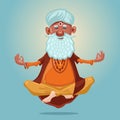 Indian guru yoga. Grandfather in the asana position. Cartoon character on isolated background. Old man meditating in a Royalty Free Stock Photo