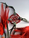 Indian handmade dreamcatcher made with red feathers and leather in Canada on a white background