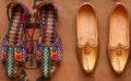 Indian handmade Punjabi Jutti and Kolhapuri Chappal - colorful womens ethnic footwear at local market in Jaisalmer, Rajasthan,
