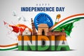 Indian happy Independence Day celebrations with stylish 3d India, flying pigeon, text and Ashoka Wheel