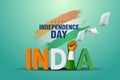 Indian happy Independence Day celebrations with stylish 3d india text and flying pigeon