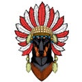 Dog, doberman. Portait of animal. Indian headdress with feathers. Boho style.