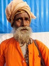 Indian Hindu monk or sadhu baba in front of the Gangasagar Mela transit camp heading towards Gangasagar Mela