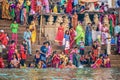 Indian Hindus gathered on the ghats of Varanasi to bathe in the Ganges River. Royalty Free Stock Photo