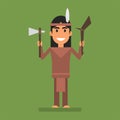 Indian holding ax and tomahawk and smiling