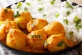 Indian hot and spicy Kashmiri Dum aloo potatoes with rice macro.