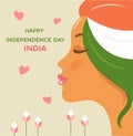 Indian independence day banner. Silhouette of a beautiful girl with Indian flag hair. The concept of celebrating