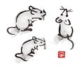 Indian ink brush painting mouse and rat illustration