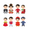 Indian Japanese Koreans Vietnamese Kawaii boy and girl in national costume. Cartoon children in traditional dress isolated on