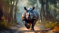 Indian jungle, an Indian rhinoceros charges, its horn raised high. Generative AI