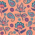 Indian Kalamkari Seamless Pattern, Arabic Pasley backround Repeating Pattern Living Coral and Turqoise color