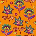 Indian Kalamkari Seamless Pattern on Orange Arabic Pasley backround Repeating Pattern Living Coral and Turqoise color