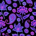 Indian Kalamkari Seamless Pattern Purple on Black, Arabic Pasleys Repeating Pattern Backround