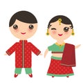 Indian Kawaii boy and girl in national costume. Cartoon children in traditional India dress sari isolated on white background. Vec