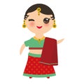 Indian Kawaii girl in national costume. Cartoon children in traditional India dress sari isolated on white background. Vector Royalty Free Stock Photo