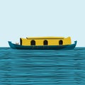 Indian Keralan Houseboat Backwater on Wavy Lake Vector Illustration