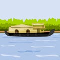 Indian Keralan Houseboat Backwater at Coast of Lake Vector Illustration