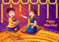 Indian kids celebrating Happy Bhai Dooj on colorful art style background of India Royalty Free Stock Photo